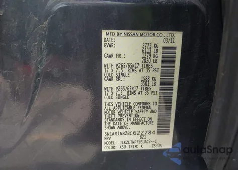 2011 Nissan Pathfinder Sv z USA, uszkodzony, nr VIN 5N1AR1NB2BC622784